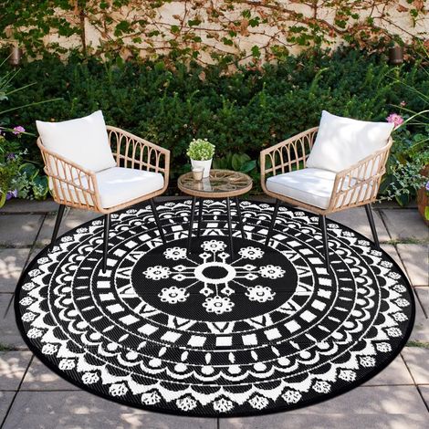 Tapis d'extérieur bohème rond 180 cm imperméable réversible portable résistant aux UV en paille de plastique pour tente, camping-car, jardin, balcon, terrasse, M16LP41 (1/5)