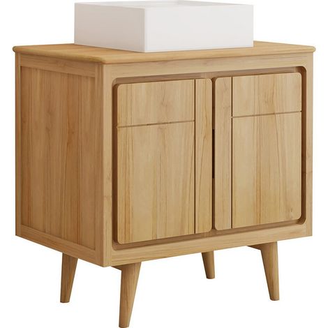 Mobile bagno in teak con piedi e lavabo da appoggio quadrato in ceramica 80 cm - BINTUNI