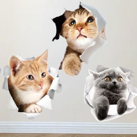 Sticker Mural Chat - 3 Pièces Autocollant 3D Décoration Murale Intérieure - Pour Salon Chambre Enfant Télévision Réfrigérateur - 3 Unités (1/4)