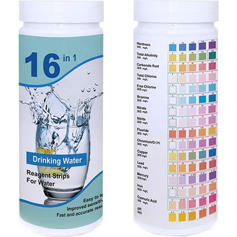 16-in-1 Home Water Quality Test Kit, including 100 water quality test strips and test tubes. (1/5)