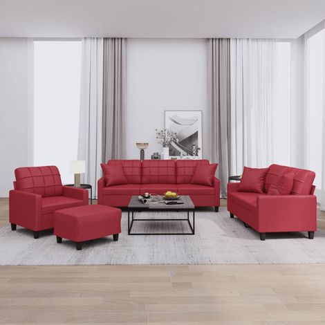 4-tlg. Sofagarnitur mit Kissen Weinrot Kunstleder (1/5)