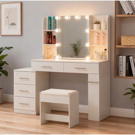Tavolo da trucco 100x40,5x136 cm bianco con specchio scorrevole, LED e vani, MDF, MEUBLIV (1/5)