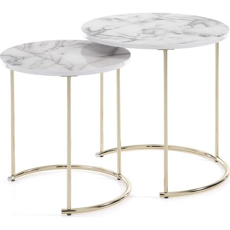 Set aus 2 runden Couchtischen in Marmoroptik und Stahl Omaha - Weiß (1/4)