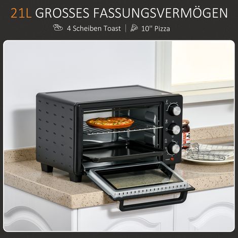 Mini-four 21 L, grille-pain avec grille et plaque de cuisson, 3 programmes, 100-230 °C, acier inoxydable, vitre noire (1/4)
