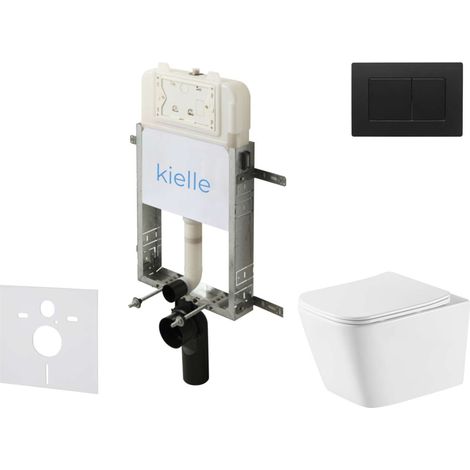 kielle Genesis New - Conjunto de instalación empotrada, inodoro Arkas I, Vortex Rimless+, asiento softclose y pulsador Gemini New III, negro mate 30528SZ81