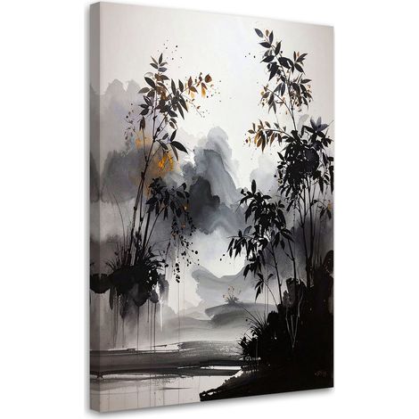 Tabelau sur Toile, Abstraction arbres feuilles paysage noir et blanc,70x100 (1/4)