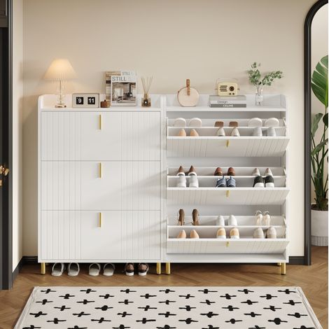 Mobile porta scarpe 6 scomparti, set da 2, bianco, MDF, anti-ribaltamento DESVIAE (1/5)