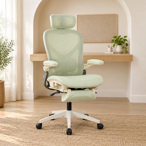 Sedia da ufficio ergonomica pieghevole in rete con poggiatesta 3D e poggiapiedi verde DESVIAE (1/5)