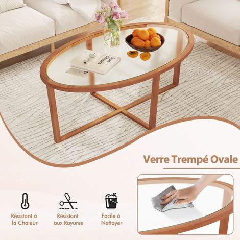Table basse ovale en verre trempé avec pieds en bois d'acacia, base croisée stable et patins réglables pour salon et séjour (1/5)