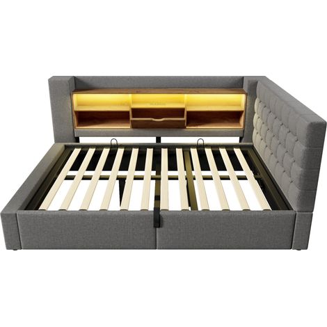 Letto contenitore 140x190 cm grigio con LED, testiera a L reversibile e rete HOMVRA (1/5)