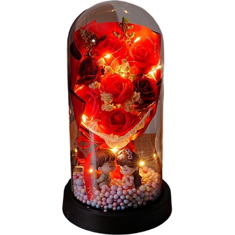 Bouquet De Roses Séchées - 7 Roses Préservées Sous Dôme En Acrylique Avec Lumières Led Et Figurines De Couple - Décoration Intérieure (1/5)