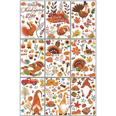 9 Pcs Stickers Mural Thanksgiving Citrouille Dinde Gnome Feuille d'Érable Récolte Automne Élément Nain Sans Visage Décoration Murale Fête des Moissons (1/4)