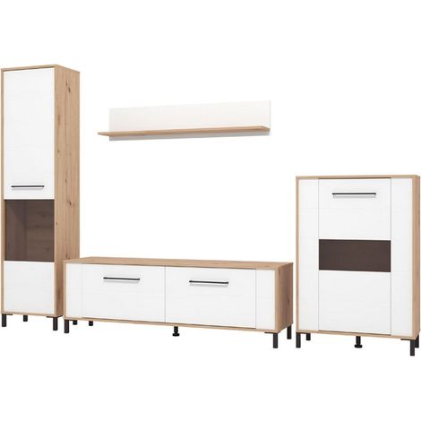 Modulare Wohnwand Cimbergo, Wohnzimmermöbel, 8 Böden, 10 Fächer, 299x40x192,5h cm, Mattweiß