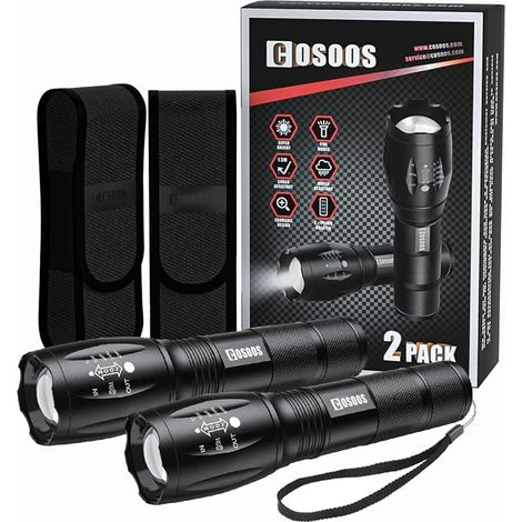 COSOOS 2er-Pack LED-Taschenlampe, extrem leistungsstarke Taschenlampe mit Etui, IPX4 wasserdichte taktische Taschenlampe, Aluminium in Militärqualität, zoombar mit 5 Modi für Camping, Wandern und Notf (1/5)