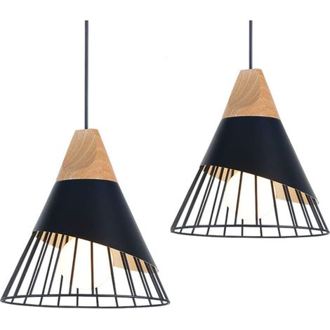 2x Suspension Luminaire Vintage,Bois Métal design Lampe Plafonnier Industrielle en Luminaires Suspension Abat-jour 27 Applique d'Eclairage pour salle à manger Cuisine,Noir (1/5)