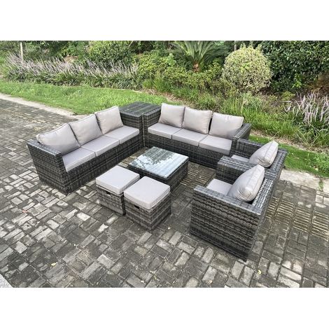 Fimous Rattan Garden Furniture Sofa Set with 2 Armchairs Square Coffee Table Side Table 2 Small Footstools Indoor Side Table 10 Seater Outdoor Rattan Set Dark Grey Mixed (1/5)
