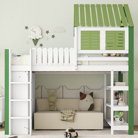 Letto a soppalco 90x200 cm per bambini con barriera di sicurezza, rete a doghe, tetto e finestre, ampio spazio di archiviazione con armadio, mensola e scala - Bianco + Verde