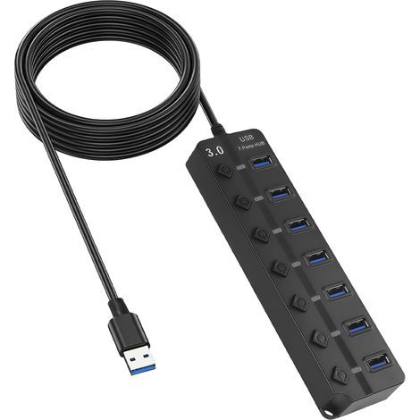 Hub USB 7 ports avec alimentation, interrupteurs et LED indépendants, compatible USB 3.0 et 2.0 pour PC, ordinateur portable, Mac, Windows et Linux, câble de 1,2 m. (1/5)