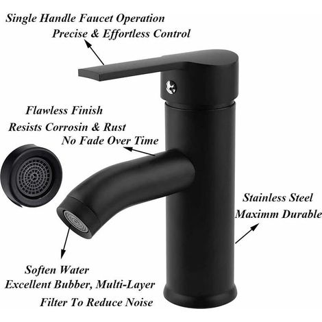 Rubinetto da bagno nero, miscelatore per lavabo con valvola miscelatrice per acqua calda e fredda, miscelatore monocomando per acqua fredda in acciaio inox antiruggine per bagno (nero) (1/4)
