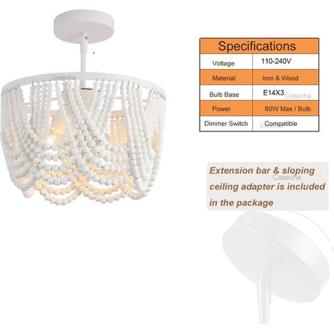 Chandelier, Perles en Bois, Design Polyvalent, Blanc Pur Petit (1/2)