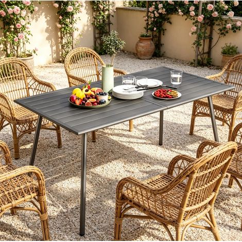 Gartentisch 150x80x74 cm aus Stahl, grau, 6 Plätze, für Terrasse und Mahlzeiten – MEUBLIV (1/5)