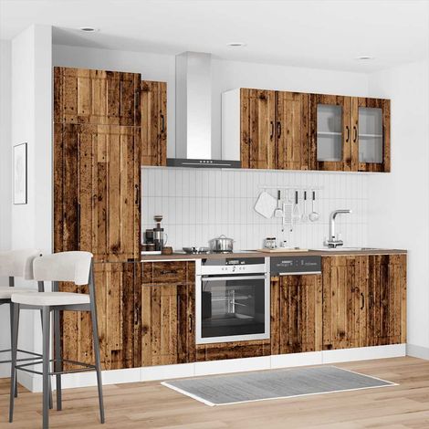 Ensemble d’armoires de cuisine 8 pièces en bois d’ingénierie et verre, vieux bois - PANGIVO (1/5)