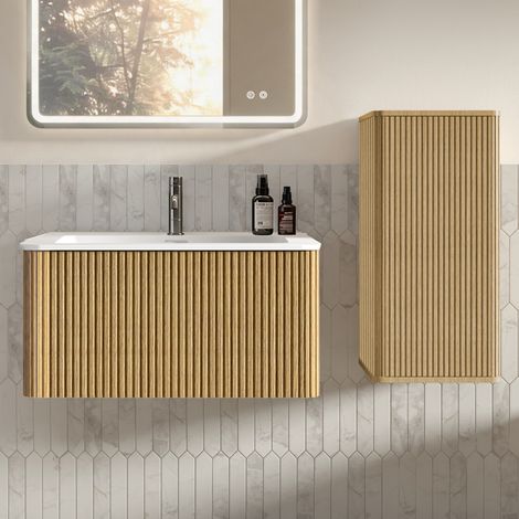 Hängendes Waschtischunterschrank-Set 81x46,5x37 cm MDF Eiche, platzsparend – MEUBLIV (1/5)