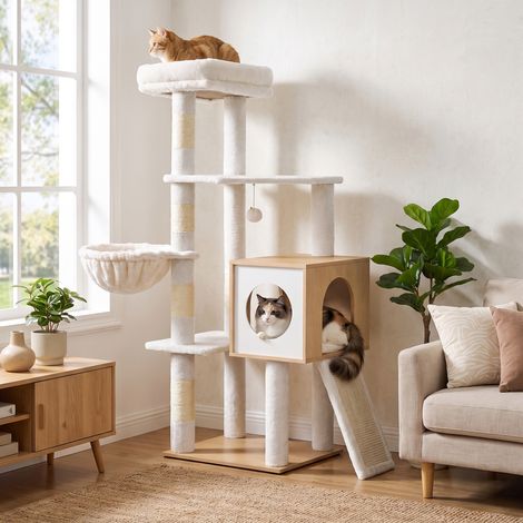 Arbre à Chat Moderne en Bois avec Niches et Griffoir 40 x 50 x 130 cm Beige chêne et Blanc nuage (1/5)