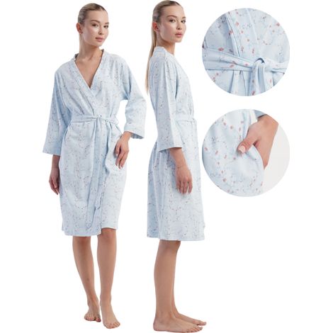 Damen-Baumwollbademantel XL Vienetta mit Taschen, bequem, zum Binden, warm (1/5)