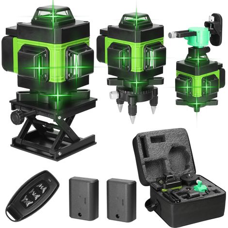 Laser-Nivelliergerät in 4 x 360° 4D 16 Linien, selbstausgleichender grüner Laser-Nivelliergerät, rotierendes horizontales vertikales Nivelliergerät mit Selbstnivellierung, IP54, 2 x wiederaufladbare B