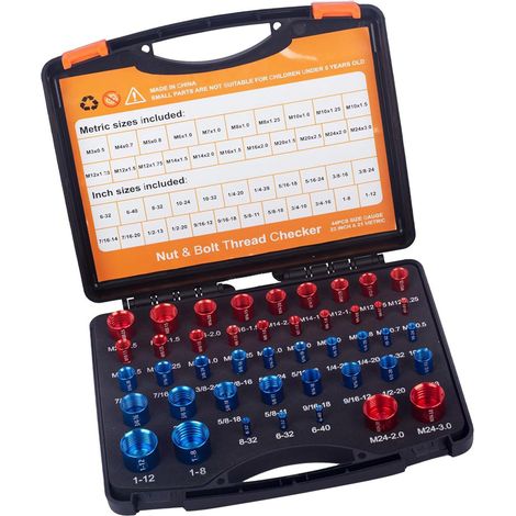 Eosnow 44-teiliges Gewindeprüfgerät für Muttern und Schrauben, Kohlenstoffstahl-Schrauben-Mutter-Identifizierungslehre mit Aufbewahrungsbox für Wartungsreparaturen (1/5)