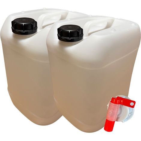 Negomix – Lot de 2 bidons jerrican plastique 20 litres – Résistant aux chocs et produits chimiques – Bouchon hermétique avec jauge – Robinet verseur inclus