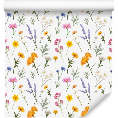 Papel pintado Flores Silvestres Blanco y Gris Claro para Salón y Dormitorio 50x1000 cm (1/5)