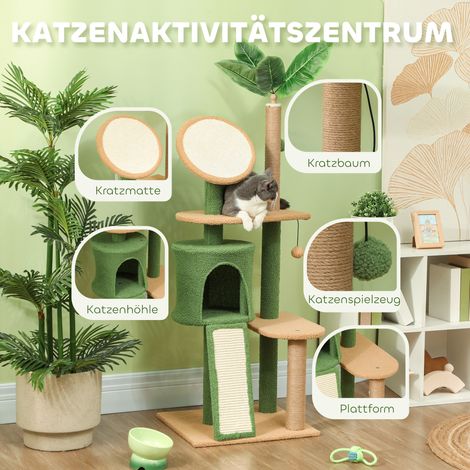 Arbre à chat 139 cm avec cachette, balles de jeu, poteau à griffer en sisal et plateformes, pour deux chats, vert (1/5)
