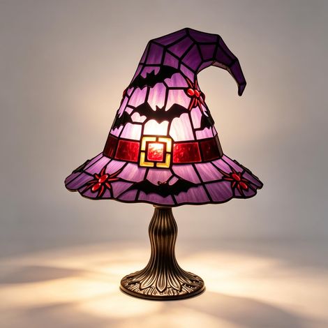 Lampe de Table Halloween Chapeau de Sorcière en Vitrail, Veilleuse LED USB Style Vintage, Décoration Lumineuse pour Maison et Bureau (1/5)