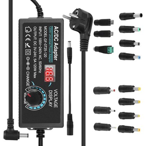 Adaptateur secteur universel 120 W 5 A – 100-240 V CA/CC, indicateur de tension LED, 14 connecteurs, pour appareils électroniques (1/5)
