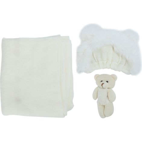 Chapeau d'ours pour nouveau‑né avec langes et poupée – Accessoires photo bébé doux et confortables (1/5)