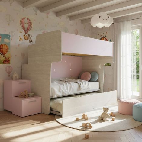 Letto a castello salvaspazio con rete superiore da una piazza e mezza e scala laterale - Rovere rock e cipria (1/5)
