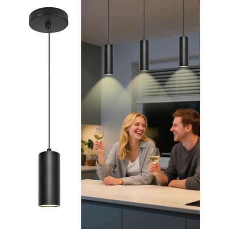Lampadario moderno GU10 nero con altezza regolabile, 5W, luce calda 3000k, ideale per cucina, soggiorno e camera da letto. (1/4)