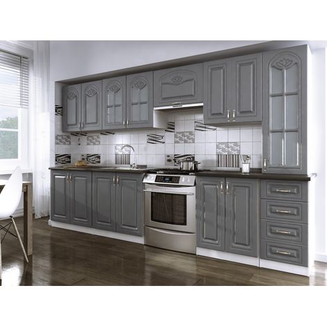 Tendencio – Cuisine complète 3m20 grise avec moulures – Aménagement moderne pour gazinière – Finition élégante et matériaux durables
