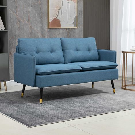 Zweisitzer-Sofa in Leinenoptik mit gepolsterten Armlehnen und Kissen, modernes Zweisitzer-Sofa mit Stahlbeinen, für Büro, Wohnzimmer, Lounge und Schlafzimmer, 139 x 68 x 80 cm, Blau
