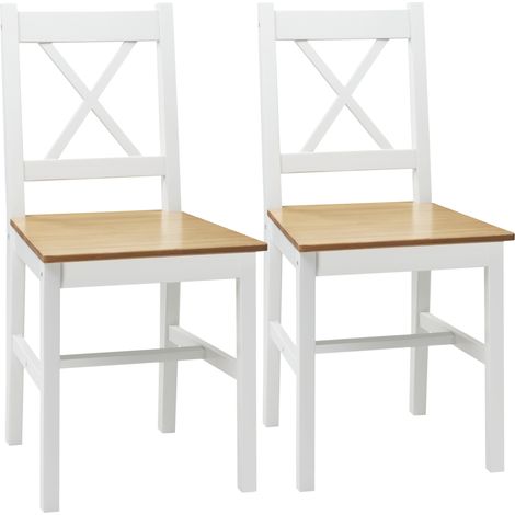 Lot de 2 chaises campagne en bois massif, dossier croisé blanc et chêne, pour salle à manger ou cuisine