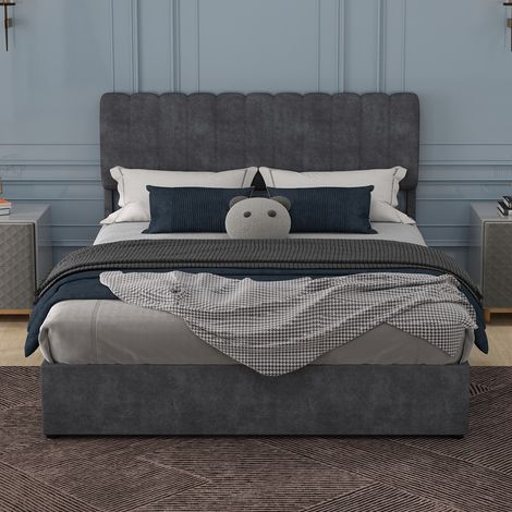 Lit rembourré 160x200 cm gris sommier coffre haut mécanisme levage gaz tête de lit douce