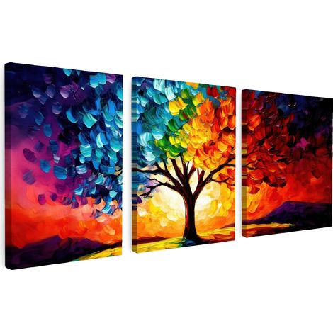 CUADRO EN LIENZO Árbol - Colorido - Aspecto de pintura - Abstracto Tríptico Set de 3 180x80 (1/5)
