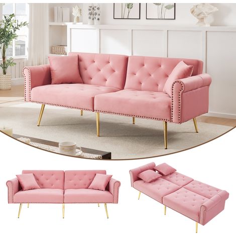 Divano trasformabile a 2 posti, schienale regolabile in 3 posizioni, 2 cuscini, divano dritto per soggiorno o camera da letto, velluto, gambe in metallo, rosa