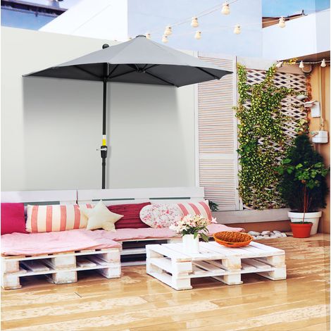 Ombrellone da giardino semitondo in acciaio grigio scuro con manovella, apertura di ventilazione e base inclusa (1/5)