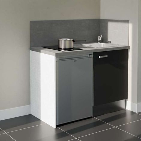 Kitchenette K08 Noir - Plan de travail Gris béton - Crédence : Oui - Electroménager : Inox (1/5)