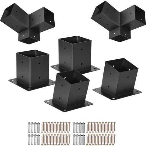 Mophorn Kit de fixation pour pergola, ensemble de 6 pièces, supports pour poteaux en bois 92x92 mm, comprenant 2 supports d'angle à 3 voies, 2 bases de poteaux et 2 bases murales (1/5)
