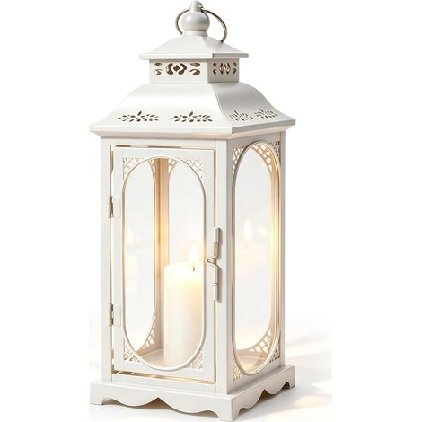 Lanterne Bougie 35cm Lanterne Funéraire, Lanterne Funéraire Résistante Aux Intempéries Métal Lanternes Outdoor Lanterne De Jardin pour Bougies, Jardin, Patio, Fête De Mariage, Blanc (1/5)