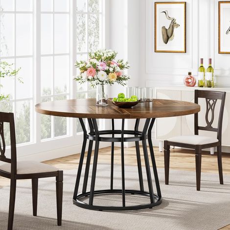Tribesigns Mesa de Comedor Redonda para 4 Personas, Mesa de Comedor Círculo con Base de Metal, Mesa de Comedor Redonda de 120cm para Sala de Estar Cocina Comedor (Marrón) (1/5)